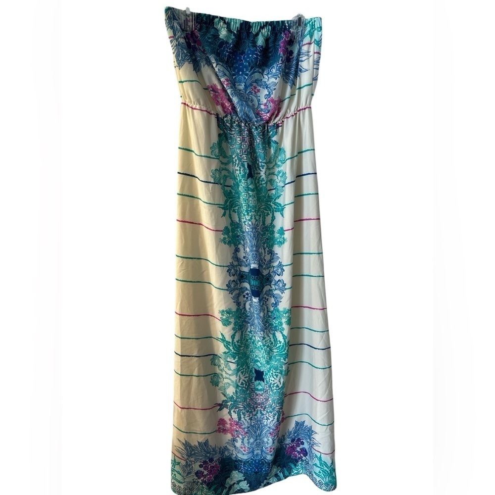 Pink Owl strapless elastic waist blue pink pattern maxi dress